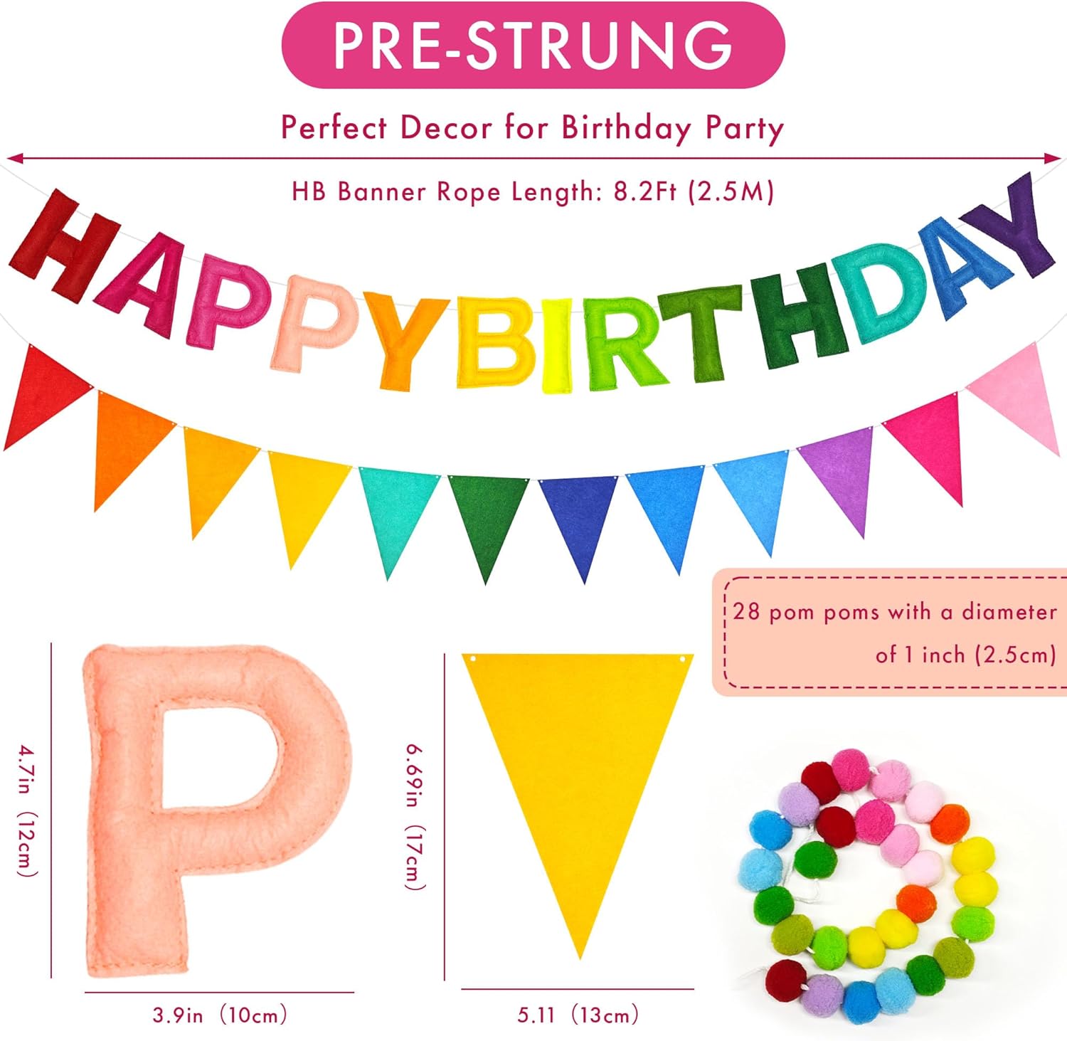 Happy Birthday Banner Pre-Strung Felt Birthday Banner with Rainbow Felt Ball Garland, Reusable Happy Birthday Decorations for Party & Room Decor, Birthday Party Decorations for Women Men Boys Girls - image 4