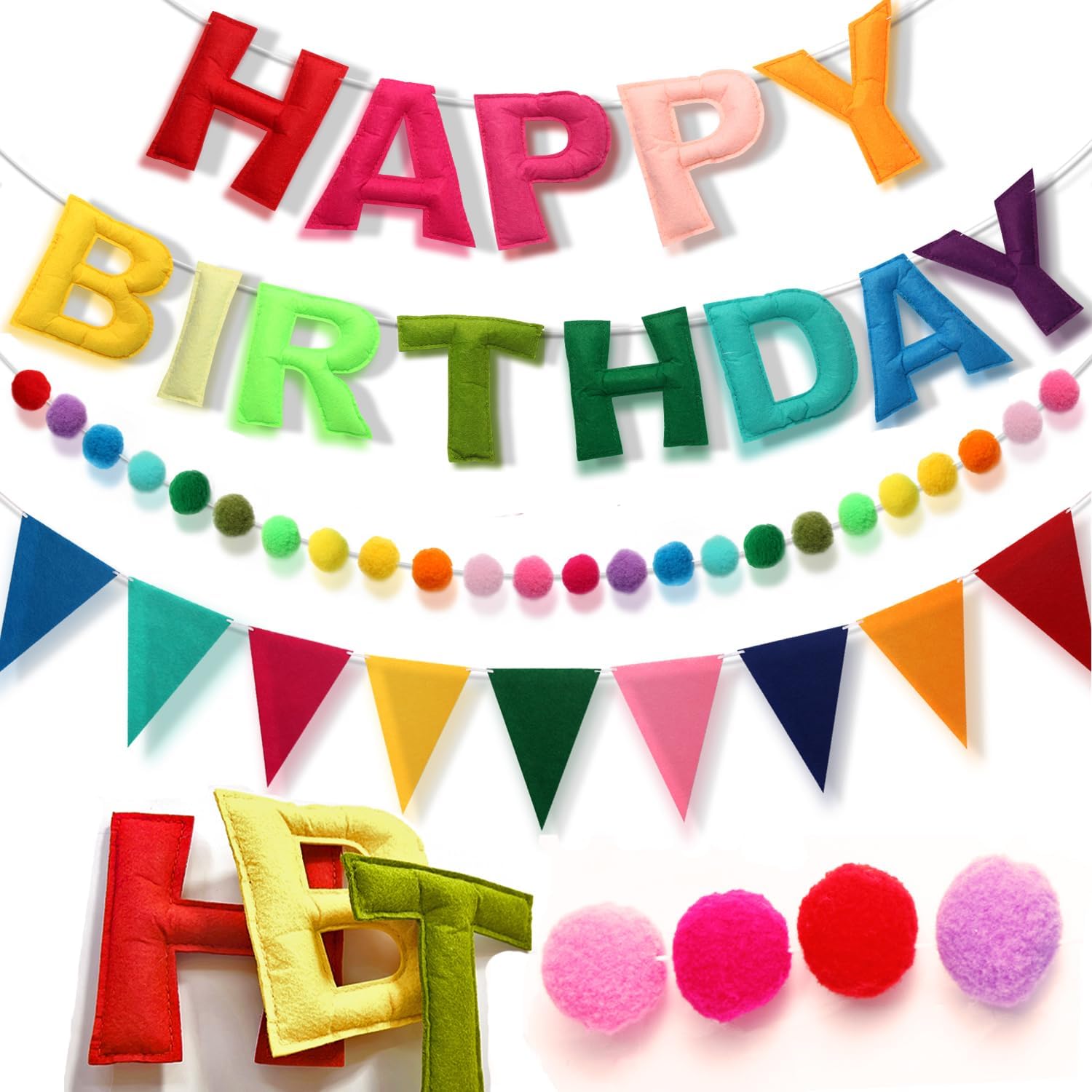 Happy Birthday Banner Pre-Strung Felt Birthday Banner with Rainbow Felt Ball Garland, Reusable Happy Birthday Decorations for Party & Room Decor, Birthday Party Decorations for Women Men Boys Girls - image 6