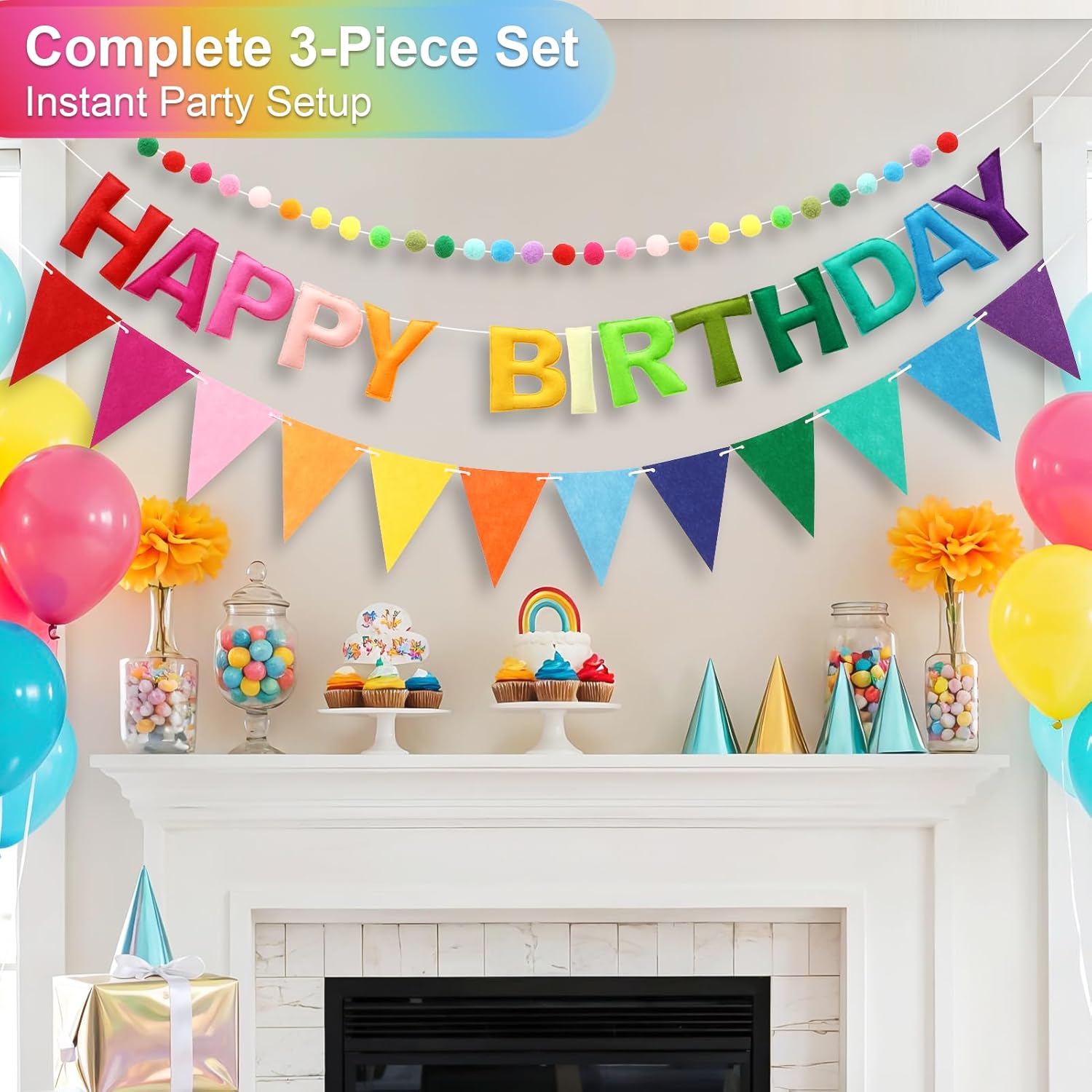 Happy Birthday Banner Pre-Strung Felt Birthday Banner with Rainbow Felt Ball Garland, Reusable Happy Birthday Decorations for Party & Room Decor, Birthday Party Decorations for Women Men Boys Girls - image 8