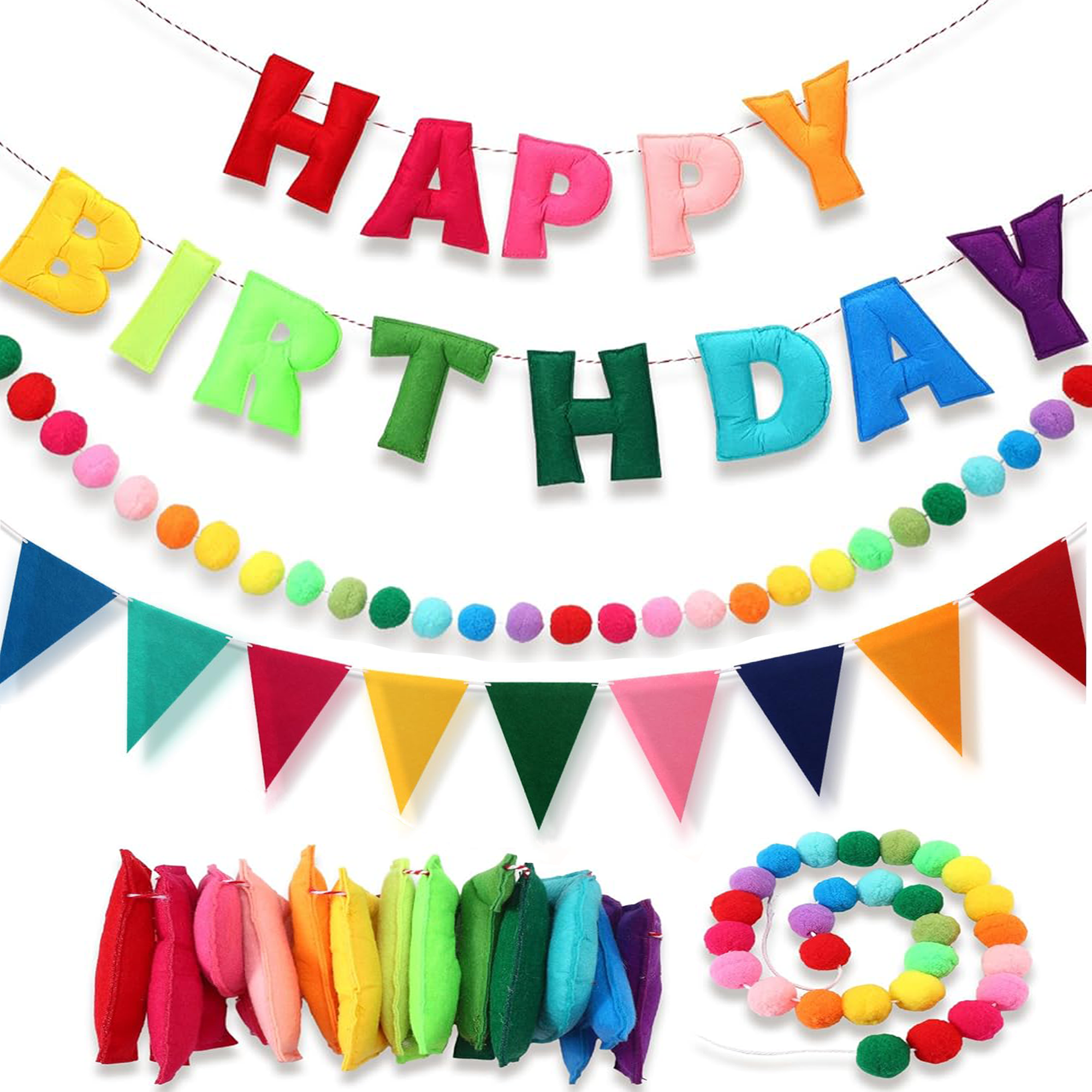 Happy Birthday Banner Pre-Strung Felt Birthday Banner with Rainbow Felt Ball Garland, Reusable Happy Birthday Decorations for Party & Room Decor, Birthday Party Decorations for Women Men Boys Girls - image 9
