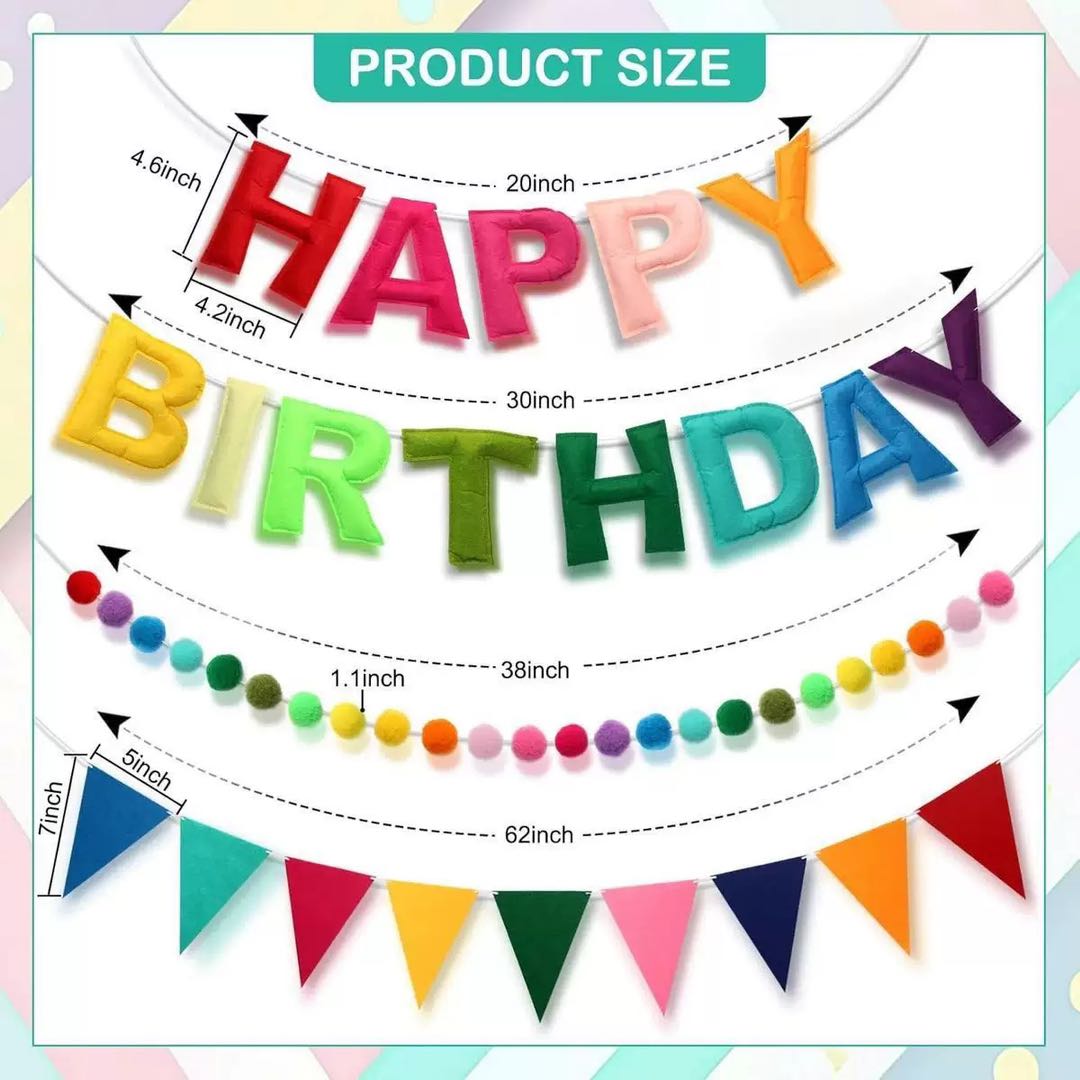 Happy Birthday Banner Pre-Strung Felt Birthday Banner with Rainbow Felt Ball Garland, Reusable Happy Birthday Decorations for Party & Room Decor, Birthday Party Decorations for Women Men Boys Girls - image 10