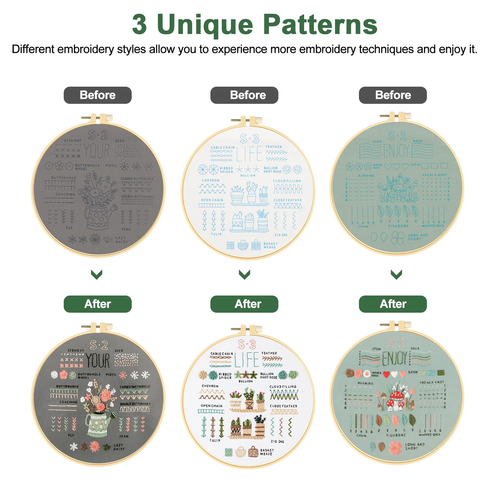 Sets Embroidery Kit for Beginners Adults – Learn 34 Basic Stitches, Hand Embroidery & Needlepoint Cross Stitch Kit with Patterns, Hoop, Threads & Tools - image 6
