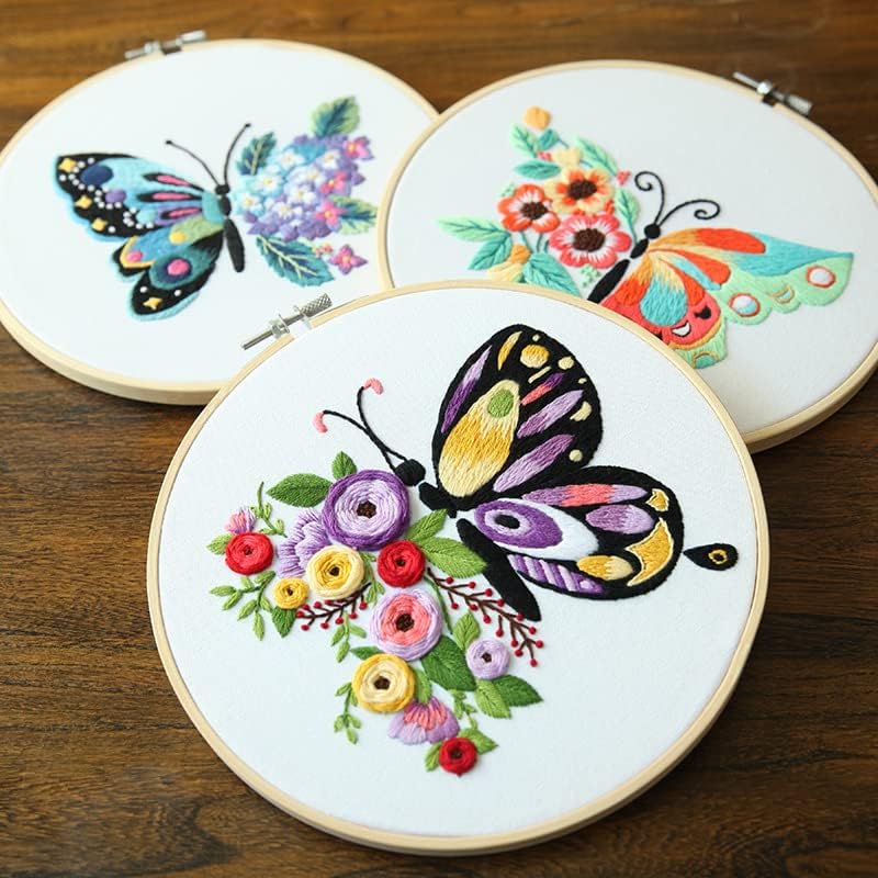 3 Pack Butterfly Embroidery kit for Beginners to Advanced, Floral Hand Embroidery & Cross Stitch mini Tool Kit with Stamped Patterns, Hoop - image 3
