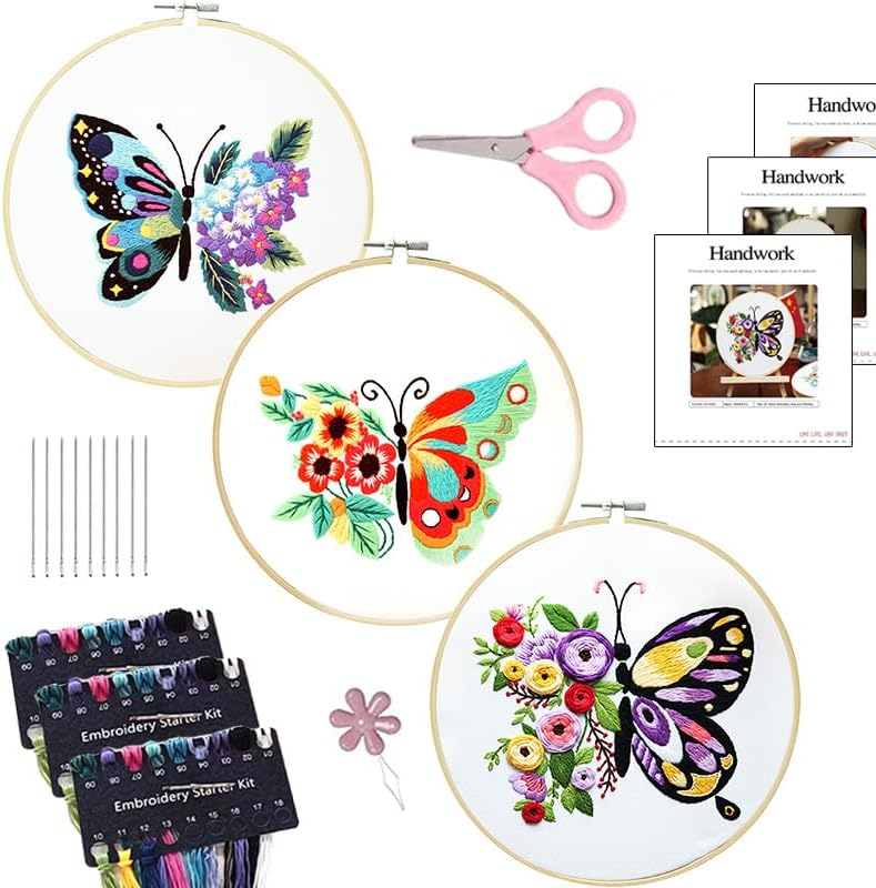 3 Pack Butterfly Embroidery kit for Beginners to Advanced, Floral Hand Embroidery & Cross Stitch mini Tool Kit with Stamped Patterns, Hoop - image 4