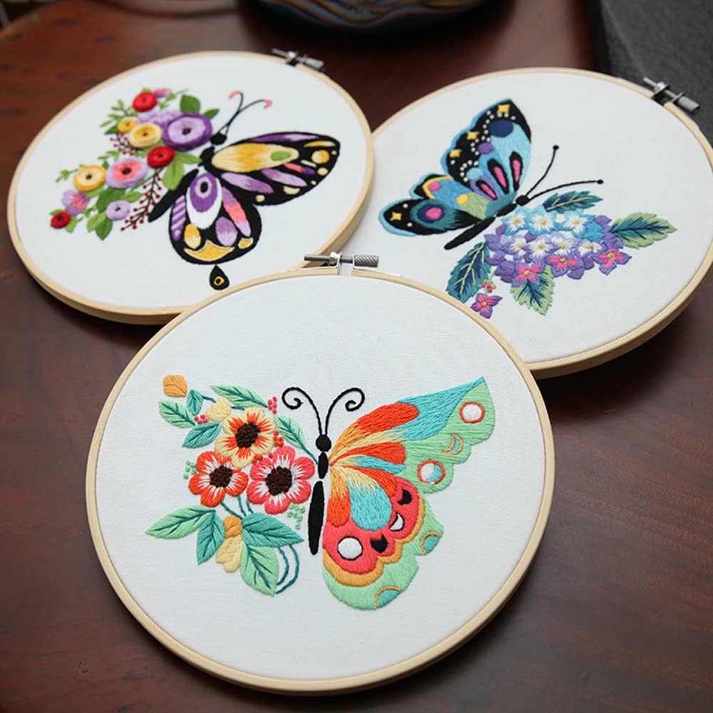 3 Pack Butterfly Embroidery kit for Beginners to Advanced, Floral Hand Embroidery & Cross Stitch mini Tool Kit with Stamped Patterns, Hoop - image 6