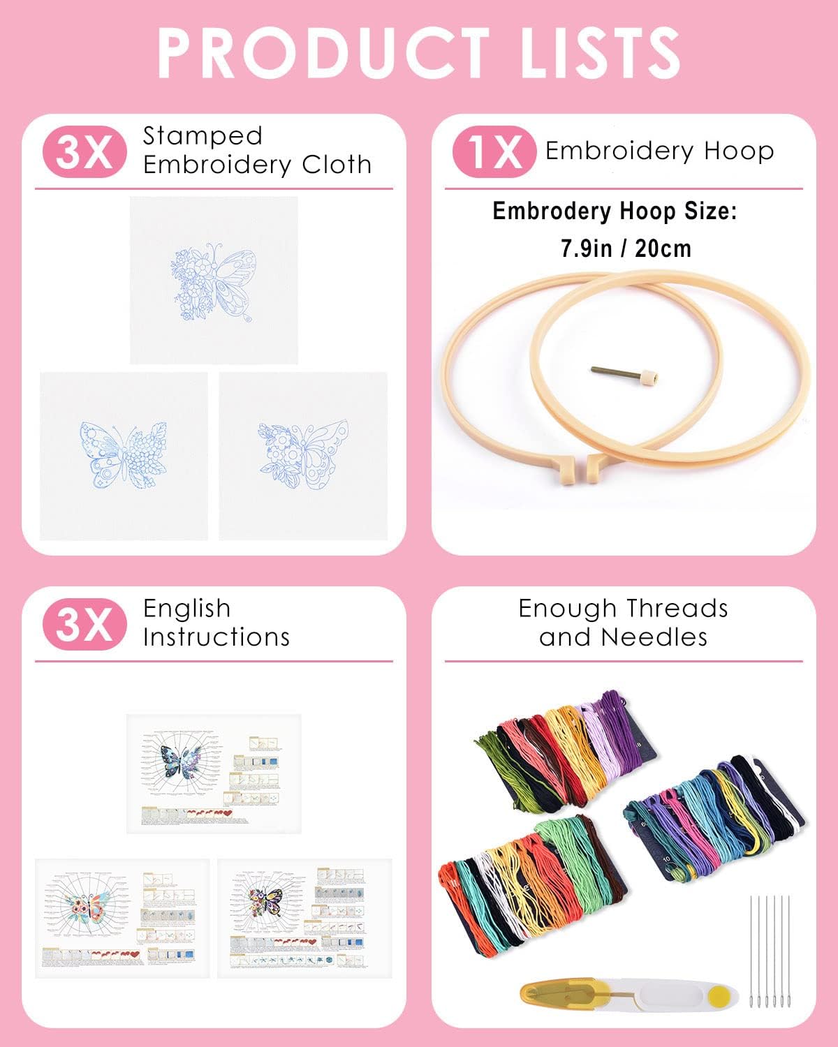 3 Pack Butterfly Embroidery kit for Beginners to Advanced, Floral Hand Embroidery & Cross Stitch mini Tool Kit with Stamped Patterns, Hoop - image 8