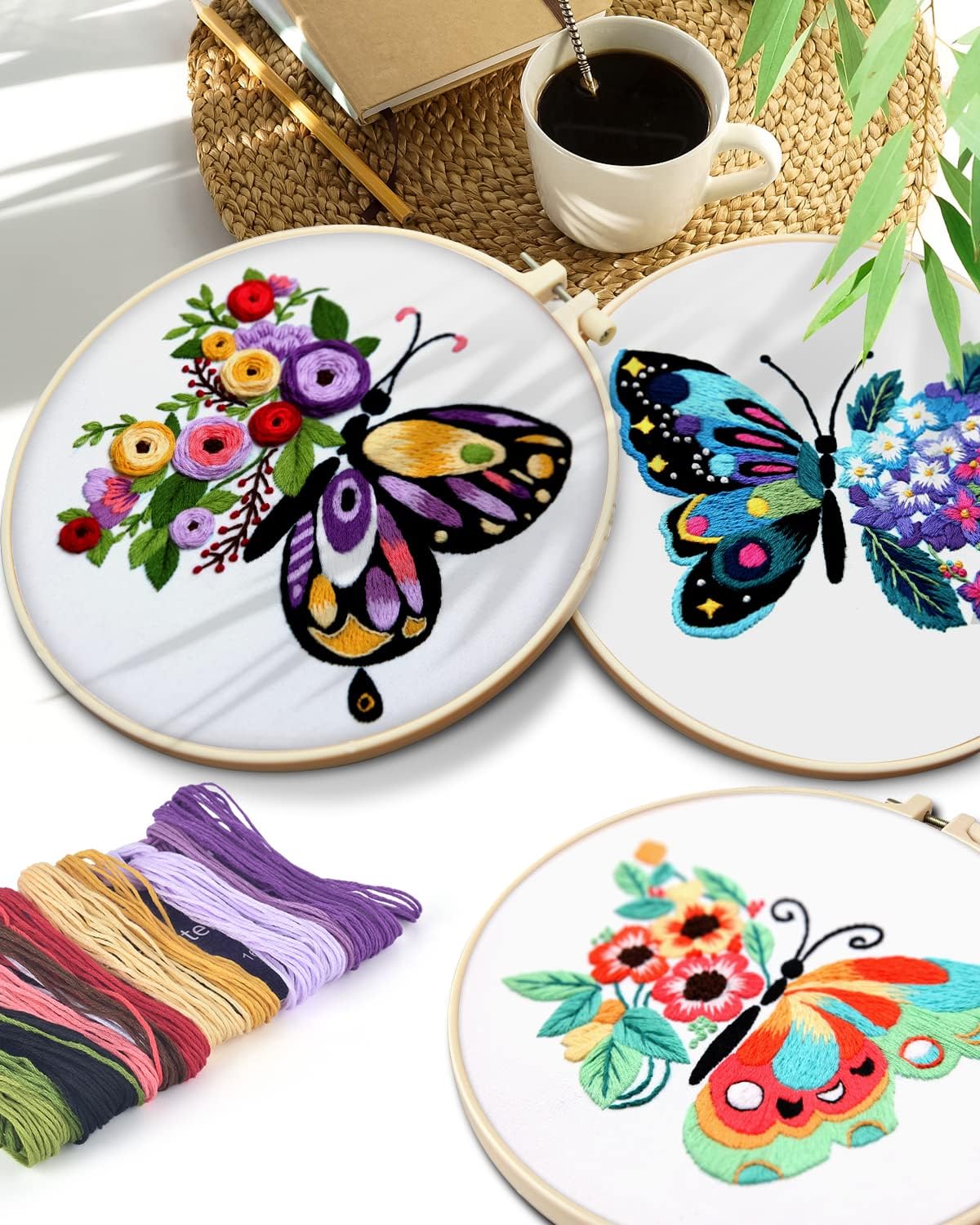 3 Pack Butterfly Embroidery kit for Beginners to Advanced, Floral Hand Embroidery & Cross Stitch mini Tool Kit with Stamped Patterns, Hoop - image 9