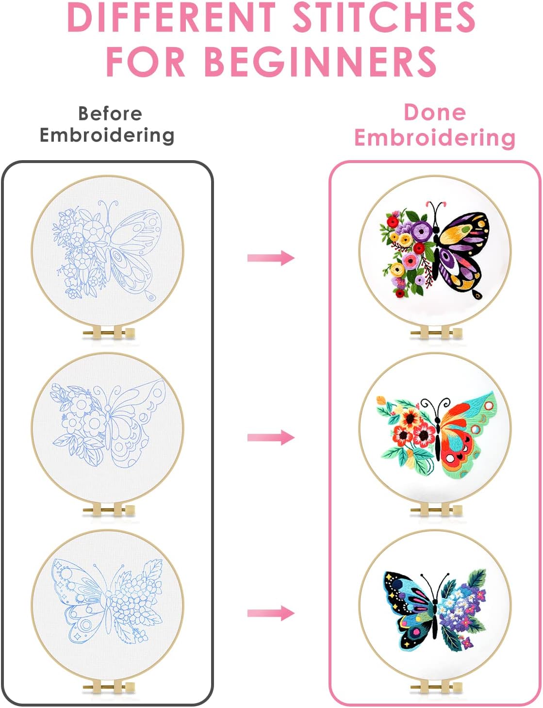 3 Pack Butterfly Embroidery kit for Beginners to Advanced, Floral Hand Embroidery & Cross Stitch mini Tool Kit with Stamped Patterns, Hoop - image 10