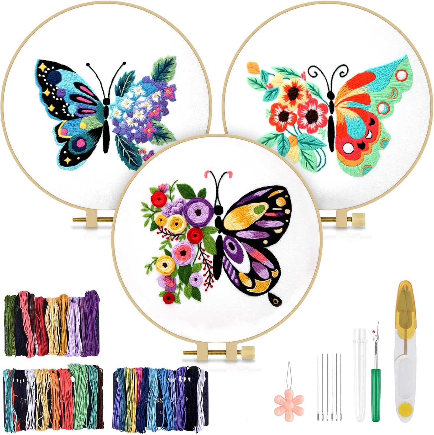 3 Pack Butterfly Embroidery kit for Beginners to Advanced, Floral Hand Embroidery & Cross Stitch mini Tool Kit with Stamped Patterns, Hoop - image 11