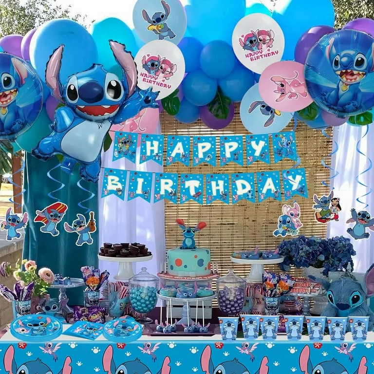 Lilo & Stitch Birthday Party Decorations Set – 103PCS Stitch Party Supplies Kit with Banner, Balloons, Backdrop, Cupcake Toppers, Tablecloth & Swirls for Boys & Girls Hawaiian Theme Party