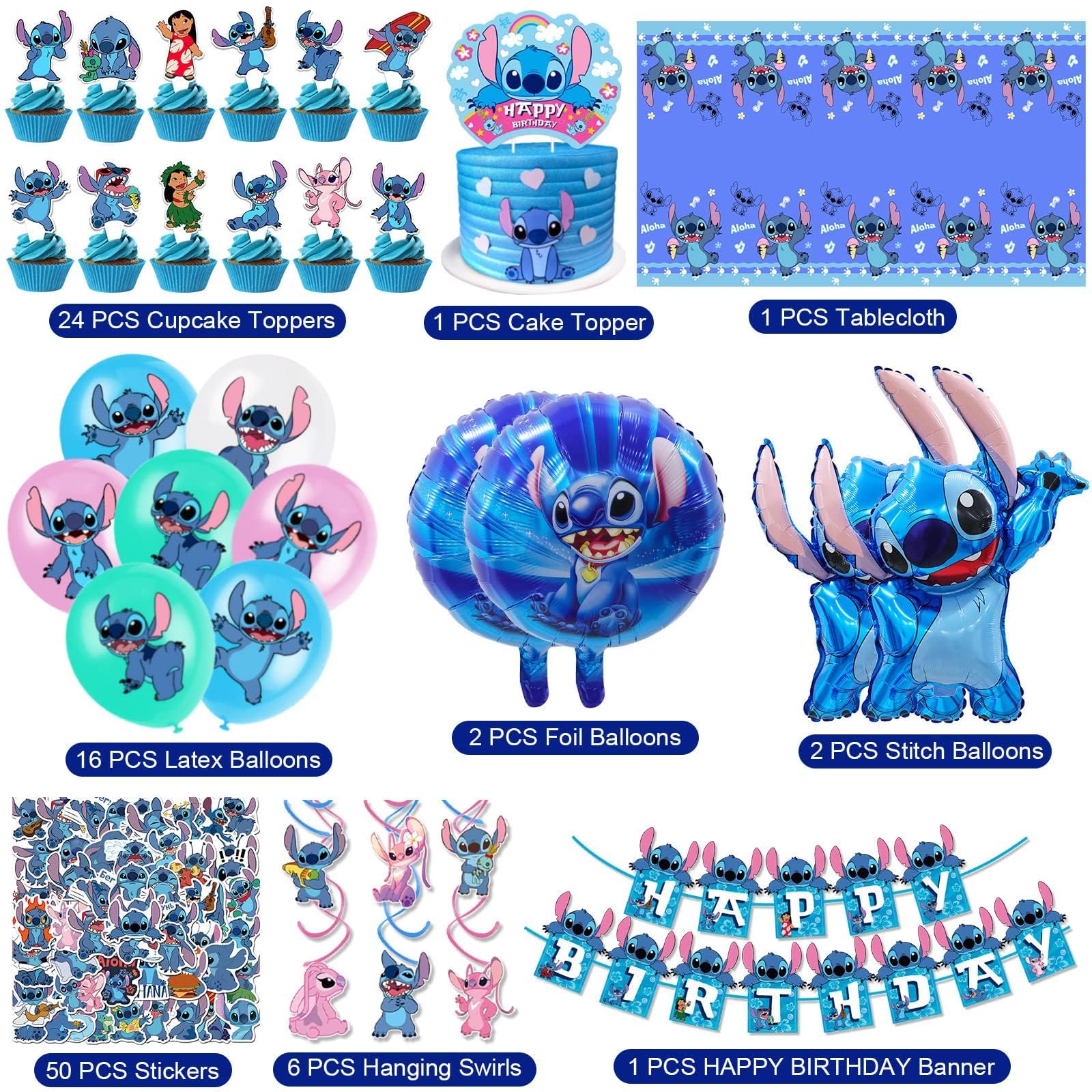Lilo & Stitch Birthday Party Decorations Set – 103PCS Stitch Party Supplies Kit with Banner, Balloons, Backdrop, Cupcake Toppers, Tablecloth & Swirls for Boys & Girls Hawaiian Theme Party - image 2