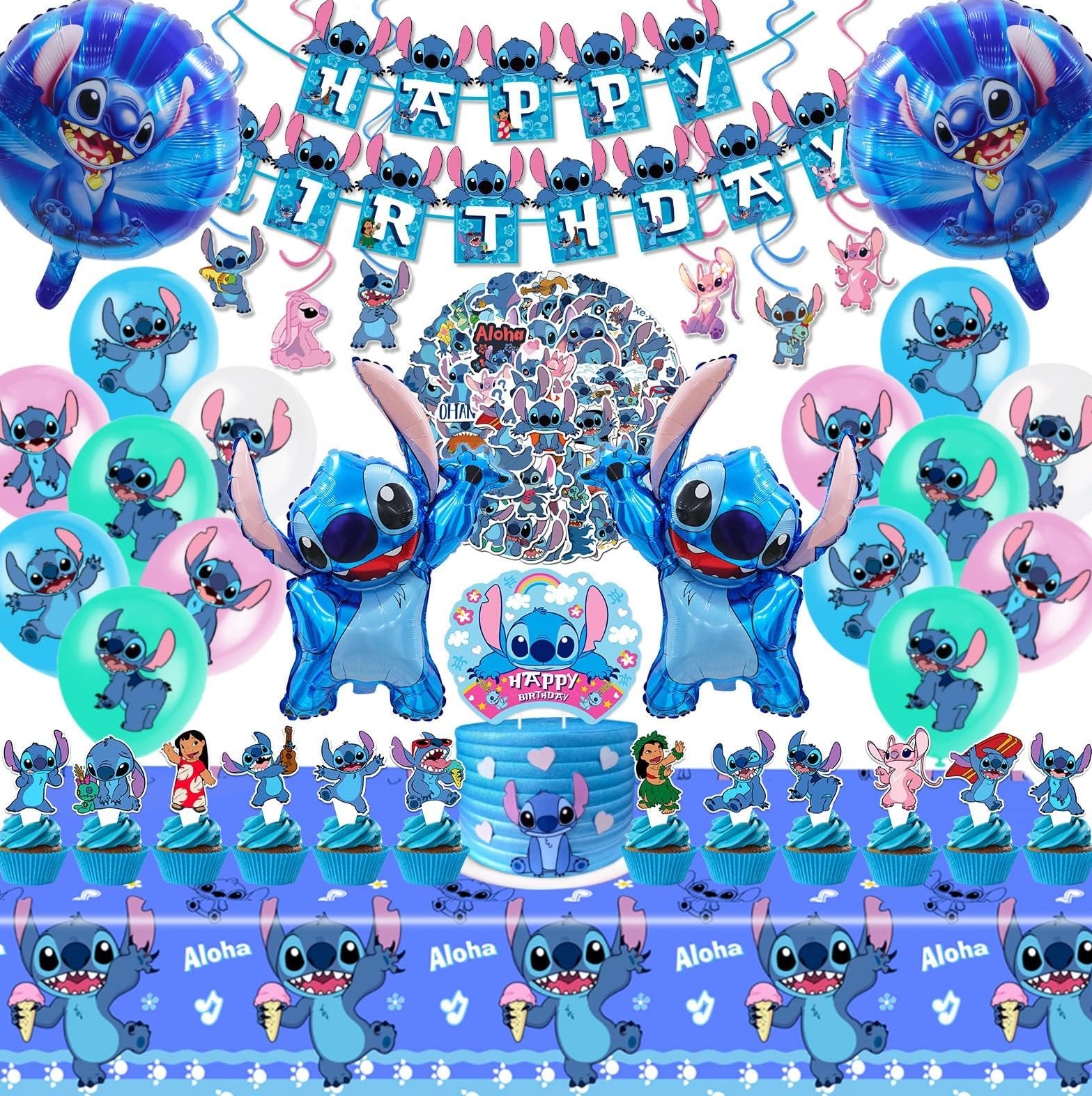 Lilo & Stitch Birthday Party Decorations Set – 103PCS Stitch Party Supplies Kit with Banner, Balloons, Backdrop, Cupcake Toppers, Tablecloth & Swirls for Boys & Girls Hawaiian Theme Party - image 5