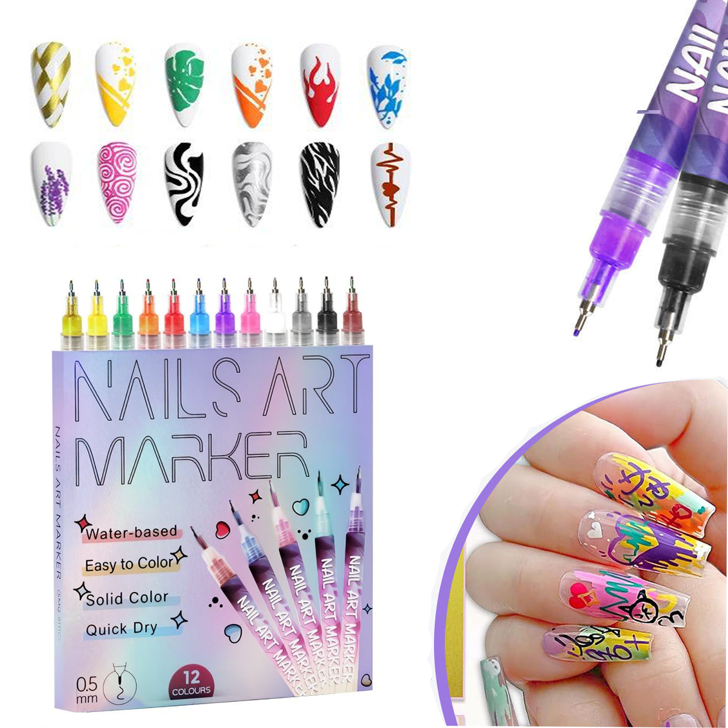 12 Colors Nail Art Pens Set – Fine Tip Nail Art Markers for Gel, Acrylic & Natural Nails | Quick-Dry Acrylic Polish Pens for Drawing, Dotting & DIY Nail Design for Beginners & Professionals