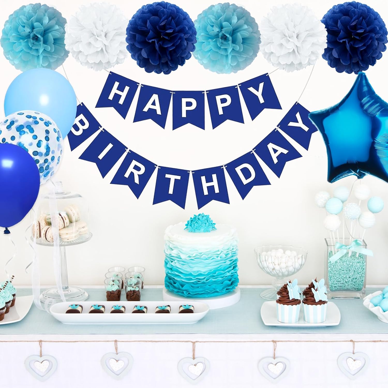 Blue Birthday Decorations Set for Boys & Men – Happy Birthday Banner, 30 Balloons, Navy & Light Blue Pom Poms, Foil Fringe Curtain Backdrop & Party Décor Kit for All Age Milestone Celebrations - image 2