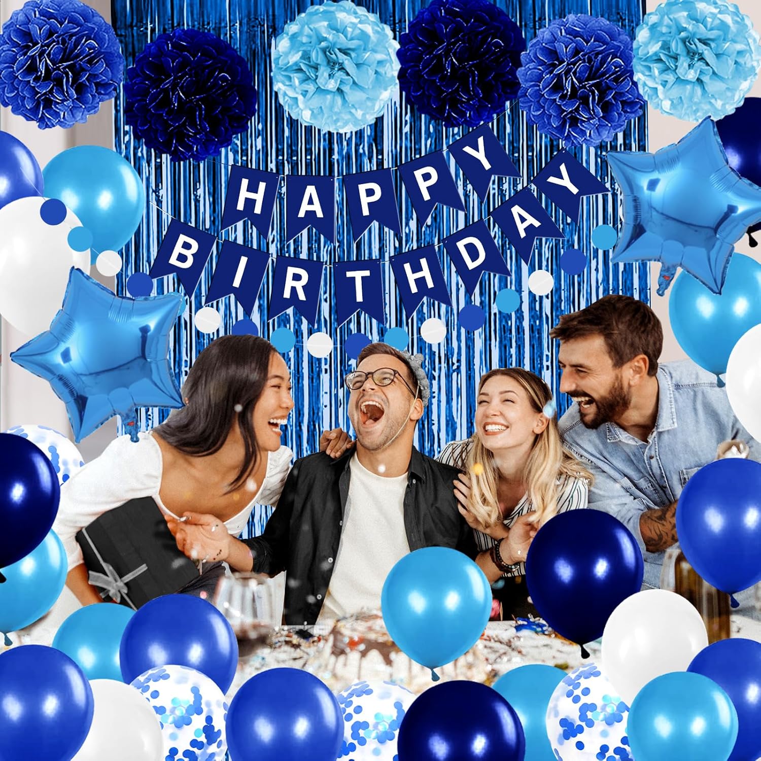 Blue Birthday Decorations Set for Boys & Men – Happy Birthday Banner, 30 Balloons, Navy & Light Blue Pom Poms, Foil Fringe Curtain Backdrop & Party Décor Kit for All Age Milestone Celebrations - image 4
