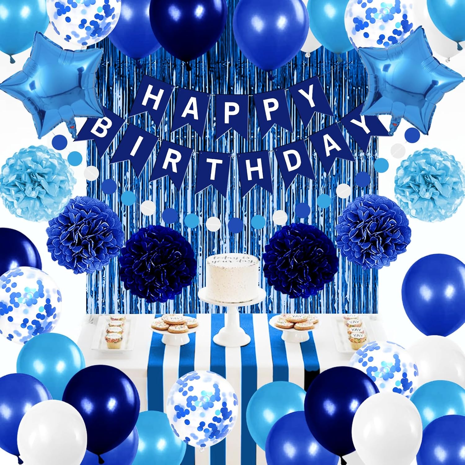 Blue Birthday Decorations Set for Boys & Men – Happy Birthday Banner, 30 Balloons, Navy & Light Blue Pom Poms, Foil Fringe Curtain Backdrop & Party Décor Kit for All Age Milestone Celebrations - image 5