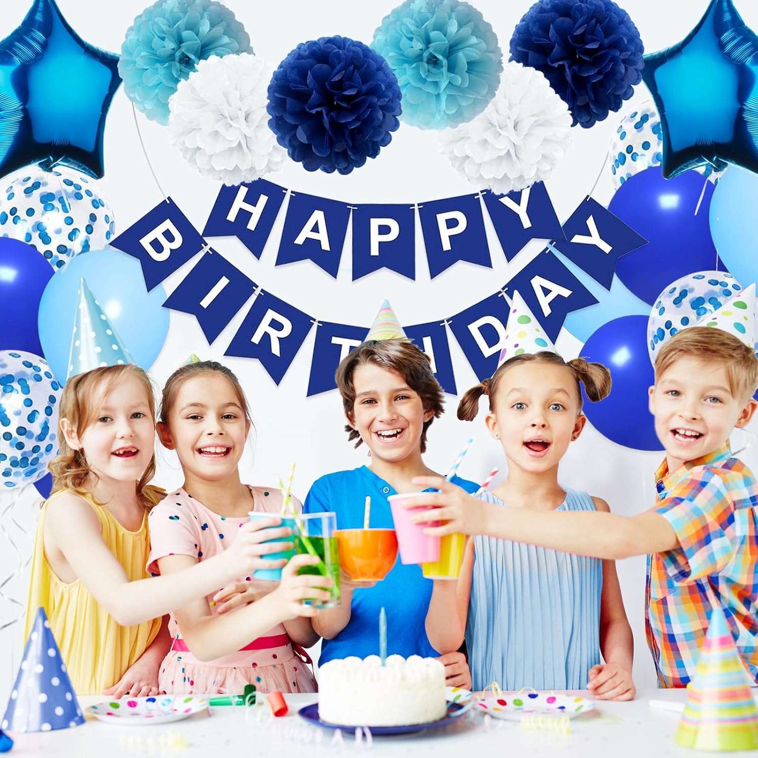 Blue Birthday Decorations Set for Boys & Men – Happy Birthday Banner, 30 Balloons, Navy & Light Blue Pom Poms, Foil Fringe Curtain Backdrop & Party Décor Kit for All Age Milestone Celebrations - image 6