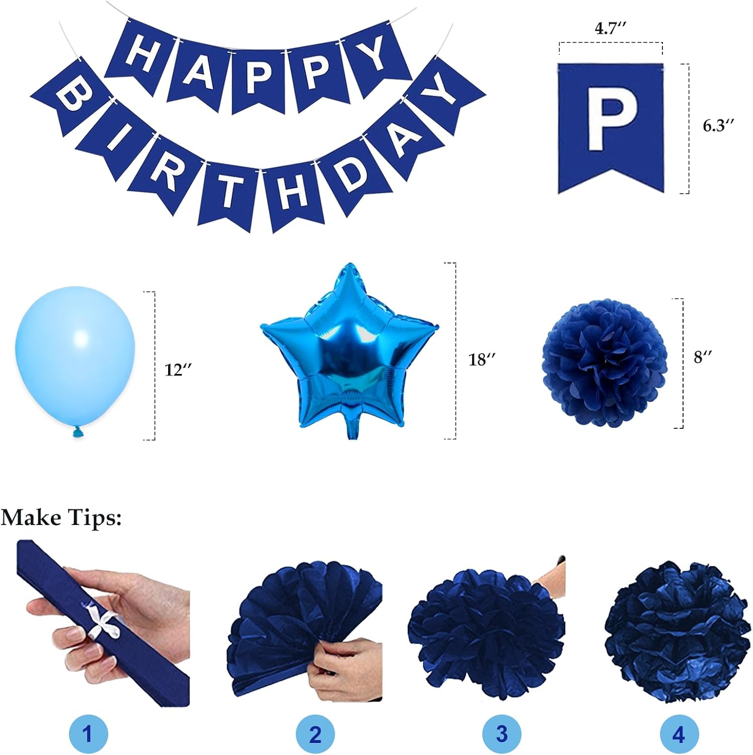Blue Birthday Decorations Set for Boys & Men – Happy Birthday Banner, 30 Balloons, Navy & Light Blue Pom Poms, Foil Fringe Curtain Backdrop & Party Décor Kit for All Age Milestone Celebrations - image 7