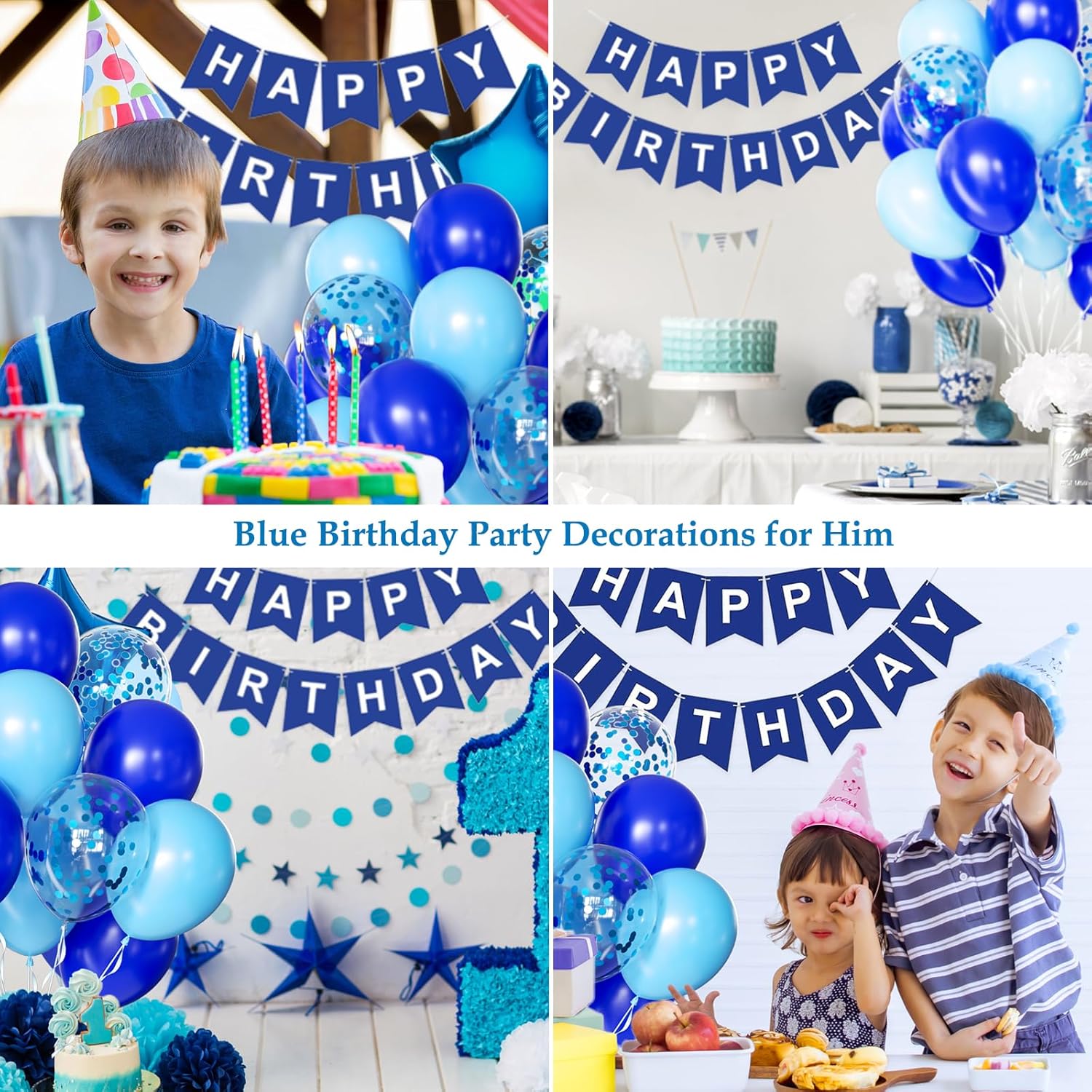 Blue Birthday Decorations Set for Boys & Men – Happy Birthday Banner, 30 Balloons, Navy & Light Blue Pom Poms, Foil Fringe Curtain Backdrop & Party Décor Kit for All Age Milestone Celebrations - image 8