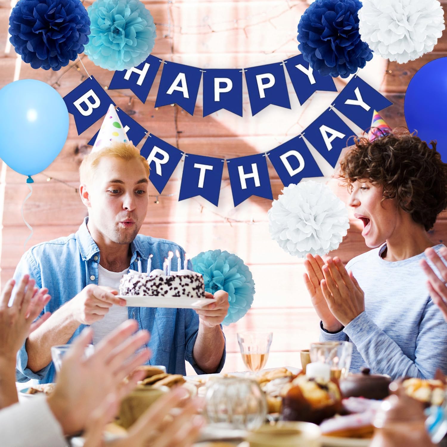 Blue Birthday Decorations Set for Boys & Men – Happy Birthday Banner, 30 Balloons, Navy & Light Blue Pom Poms, Foil Fringe Curtain Backdrop & Party Décor Kit for All Age Milestone Celebrations - image 9