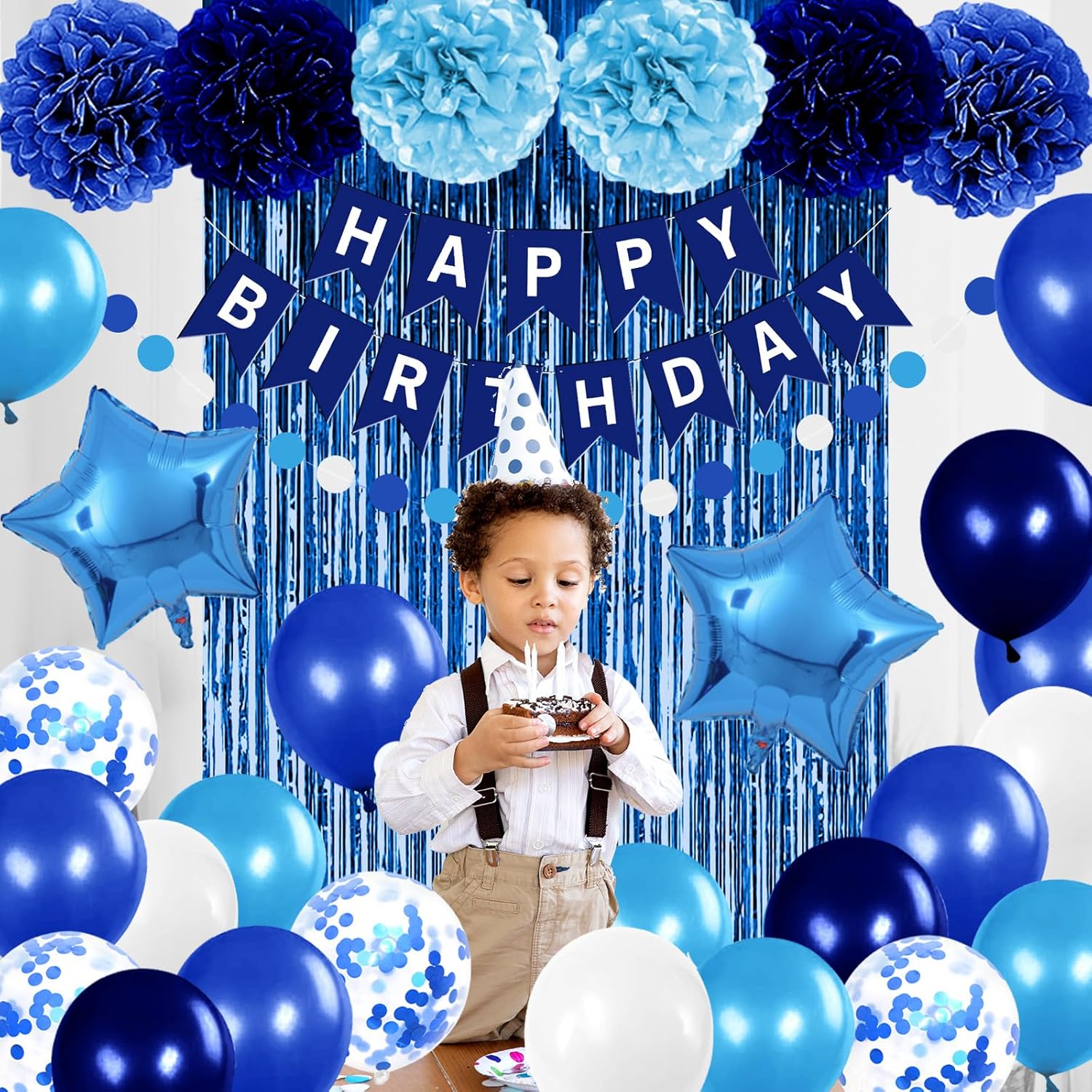 Blue Birthday Decorations Set for Boys & Men – Happy Birthday Banner, 30 Balloons, Navy & Light Blue Pom Poms, Foil Fringe Curtain Backdrop & Party Décor Kit for All Age Milestone Celebrations