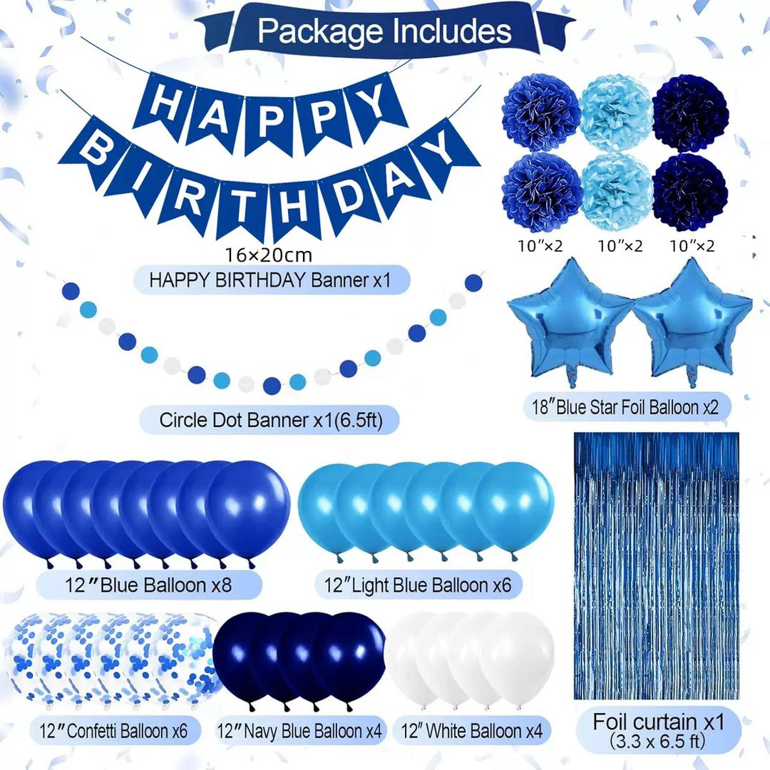 Blue Birthday Decorations Set for Boys & Men – Happy Birthday Banner, 30 Balloons, Navy & Light Blue Pom Poms, Foil Fringe Curtain Backdrop & Party Décor Kit for All Age Milestone Celebrations - image 11