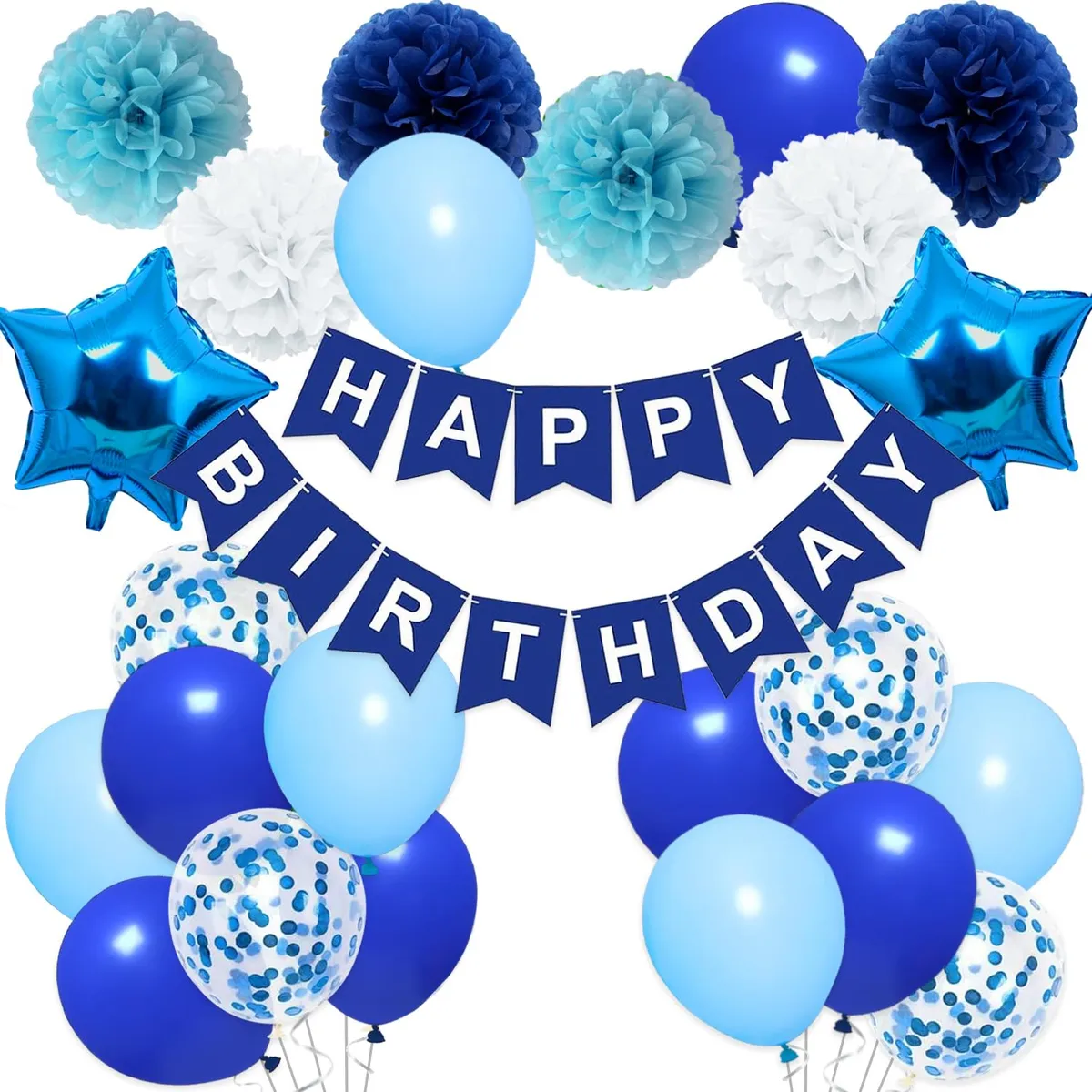 Blue Birthday Decorations Set for Boys & Men – Happy Birthday Banner, 30 Balloons, Navy & Light Blue Pom Poms, Foil Fringe Curtain Backdrop & Party Décor Kit for All Age Milestone Celebrations - image 12