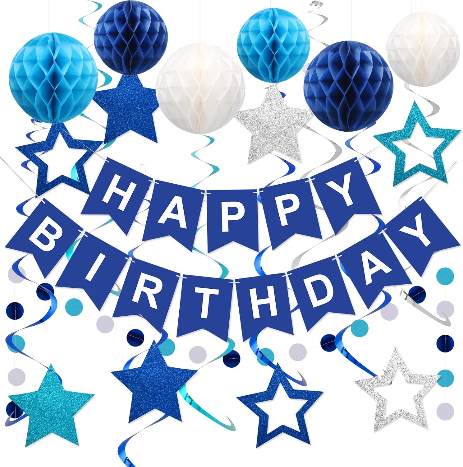 Blue Happy Birthday Decorations Set – Banner with Honeycomb Balls, Star Hanging Swirl Streamers, Circle Dot Garland | Birthday Party Decorations Kit for Men, Boys, Girls & Home Party Supplies - image 2