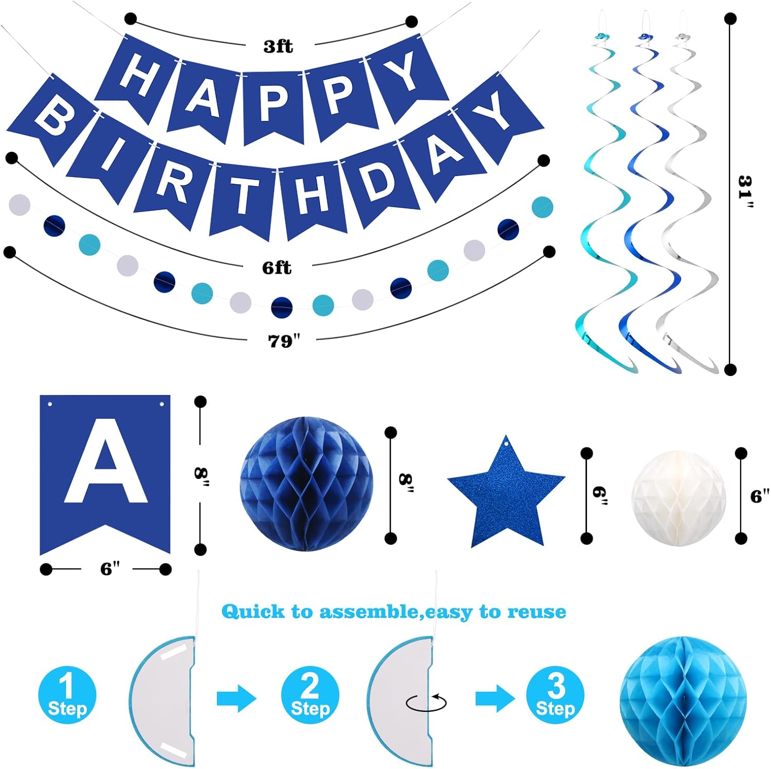Blue Happy Birthday Decorations Set – Banner with Honeycomb Balls, Star Hanging Swirl Streamers, Circle Dot Garland | Birthday Party Decorations Kit for Men, Boys, Girls & Home Party Supplies - image 3