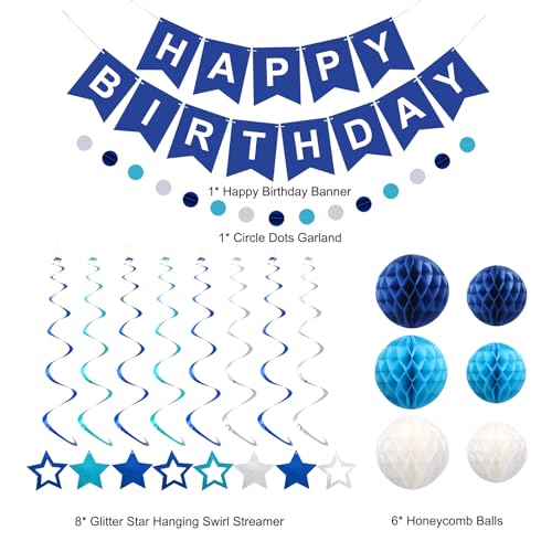Blue Happy Birthday Decorations Set – Banner with Honeycomb Balls, Star Hanging Swirl Streamers, Circle Dot Garland | Birthday Party Decorations Kit for Men, Boys, Girls & Home Party Supplies - image 4