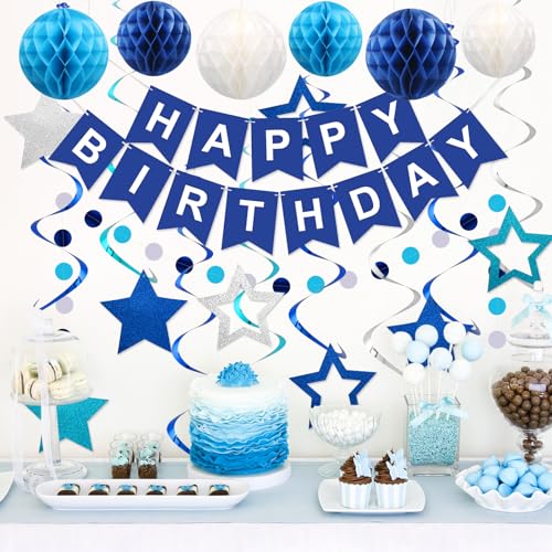 Blue Happy Birthday Decorations Set – Banner with Honeycomb Balls, Star Hanging Swirl Streamers, Circle Dot Garland | Birthday Party Decorations Kit for Men, Boys, Girls & Home Party Supplies