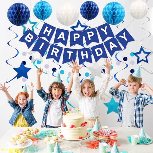 Blue Happy Birthday Decorations Set – Banner with Honeycomb Balls, Star Hanging Swirl Streamers, Circle Dot Garland | Birthday Party Decorations Kit for Men, Boys, Girls & Home Party Supplies - image 5