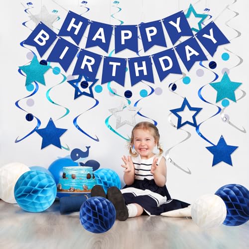 Blue Happy Birthday Decorations Set – Banner with Honeycomb Balls, Star Hanging Swirl Streamers, Circle Dot Garland | Birthday Party Decorations Kit for Men, Boys, Girls & Home Party Supplies - image 7