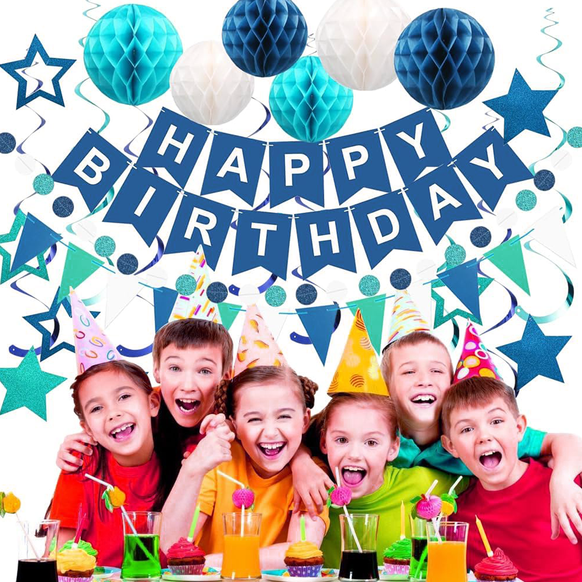 Blue Happy Birthday Decorations Set – Banner with Honeycomb Balls, Star Hanging Swirl Streamers, Circle Dot Garland | Birthday Party Decorations Kit for Men, Boys, Girls & Home Party Supplies - image 8