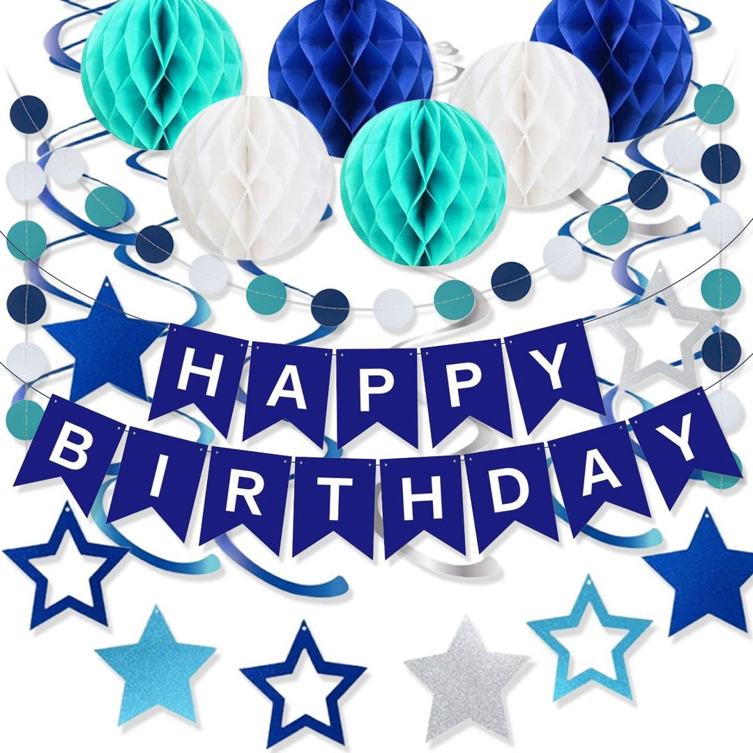 Blue Happy Birthday Decorations Set – Banner with Honeycomb Balls, Star Hanging Swirl Streamers, Circle Dot Garland | Birthday Party Decorations Kit for Men, Boys, Girls & Home Party Supplies - image 9