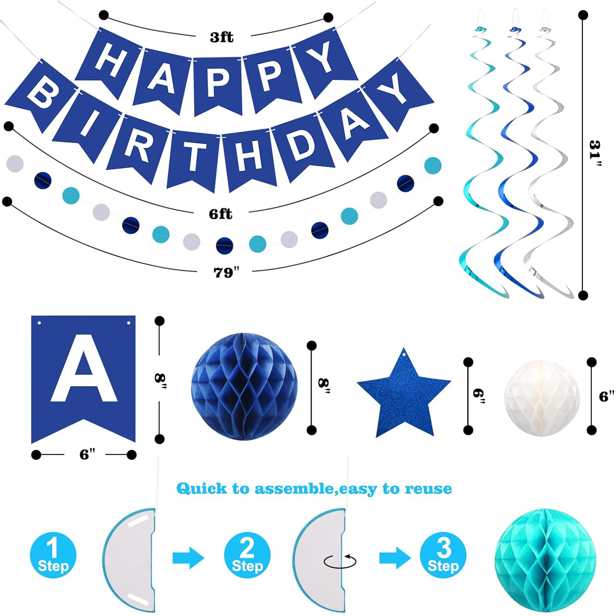 Blue Happy Birthday Decorations Set – Banner with Honeycomb Balls, Star Hanging Swirl Streamers, Circle Dot Garland | Birthday Party Decorations Kit for Men, Boys, Girls & Home Party Supplies - image 10