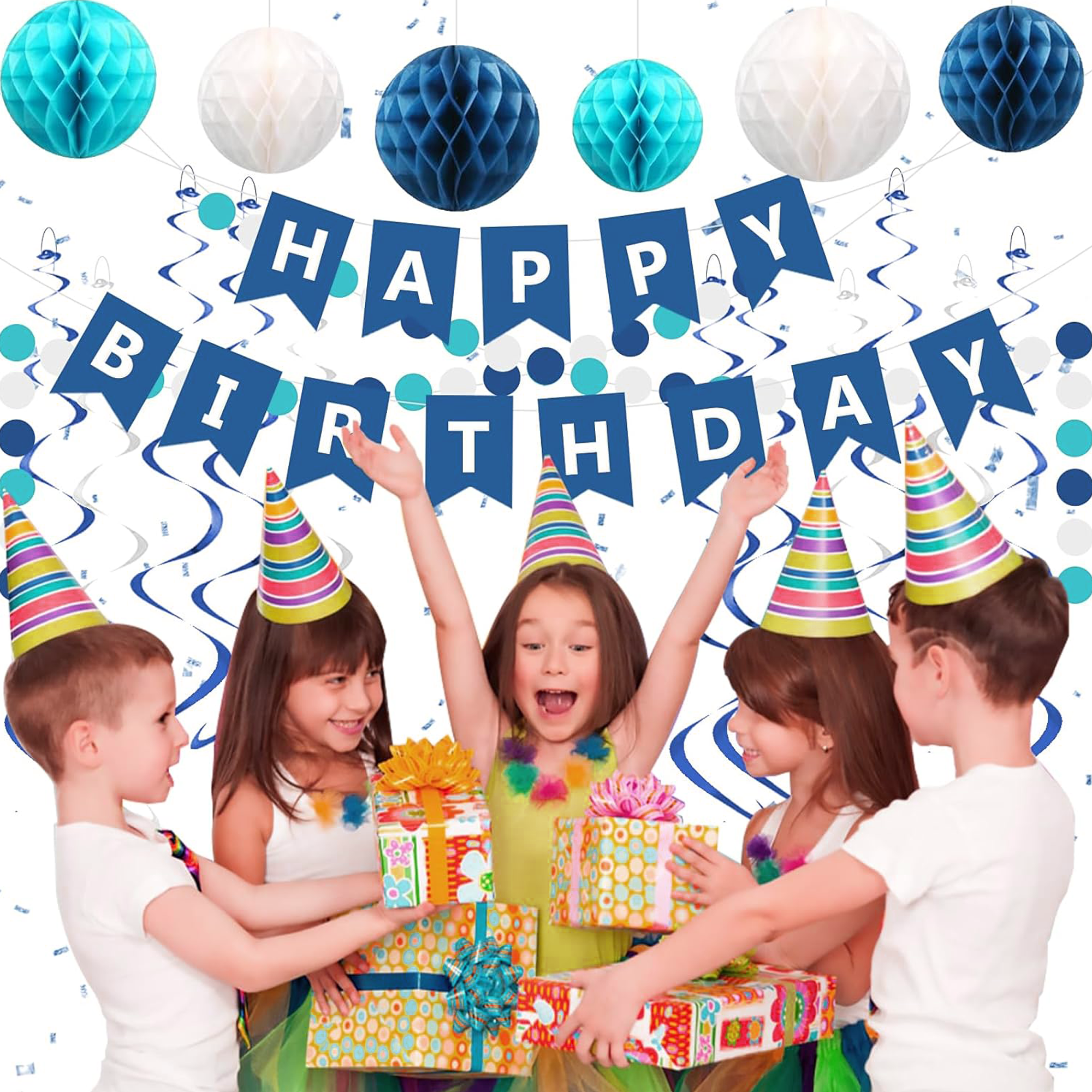 Blue Happy Birthday Decorations Set – Banner with Honeycomb Balls, Star Hanging Swirl Streamers, Circle Dot Garland | Birthday Party Decorations Kit for Men, Boys, Girls & Home Party Supplies - image 12
