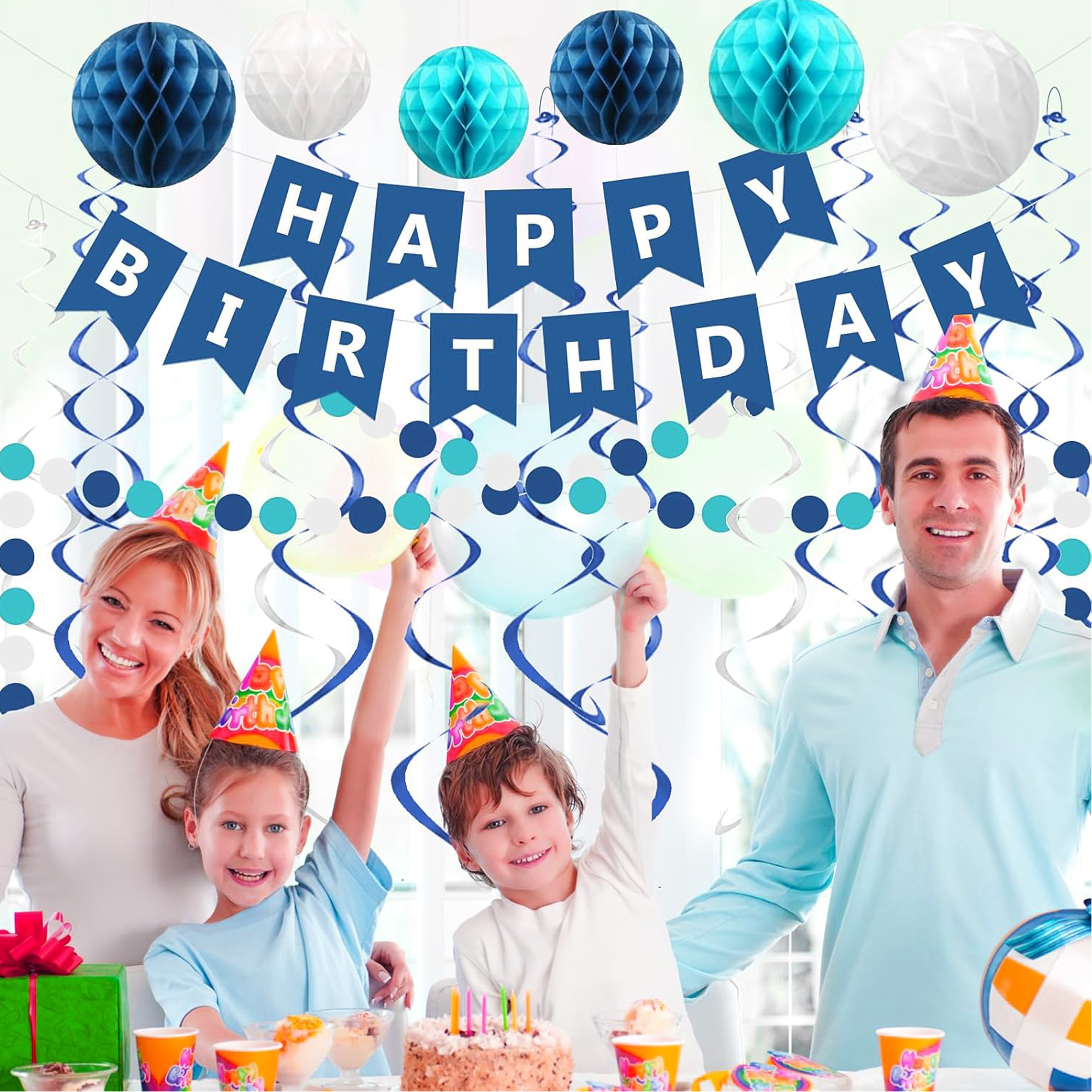 Blue Happy Birthday Decorations Set – Banner with Honeycomb Balls, Star Hanging Swirl Streamers, Circle Dot Garland | Birthday Party Decorations Kit for Men, Boys, Girls & Home Party Supplies - image 14