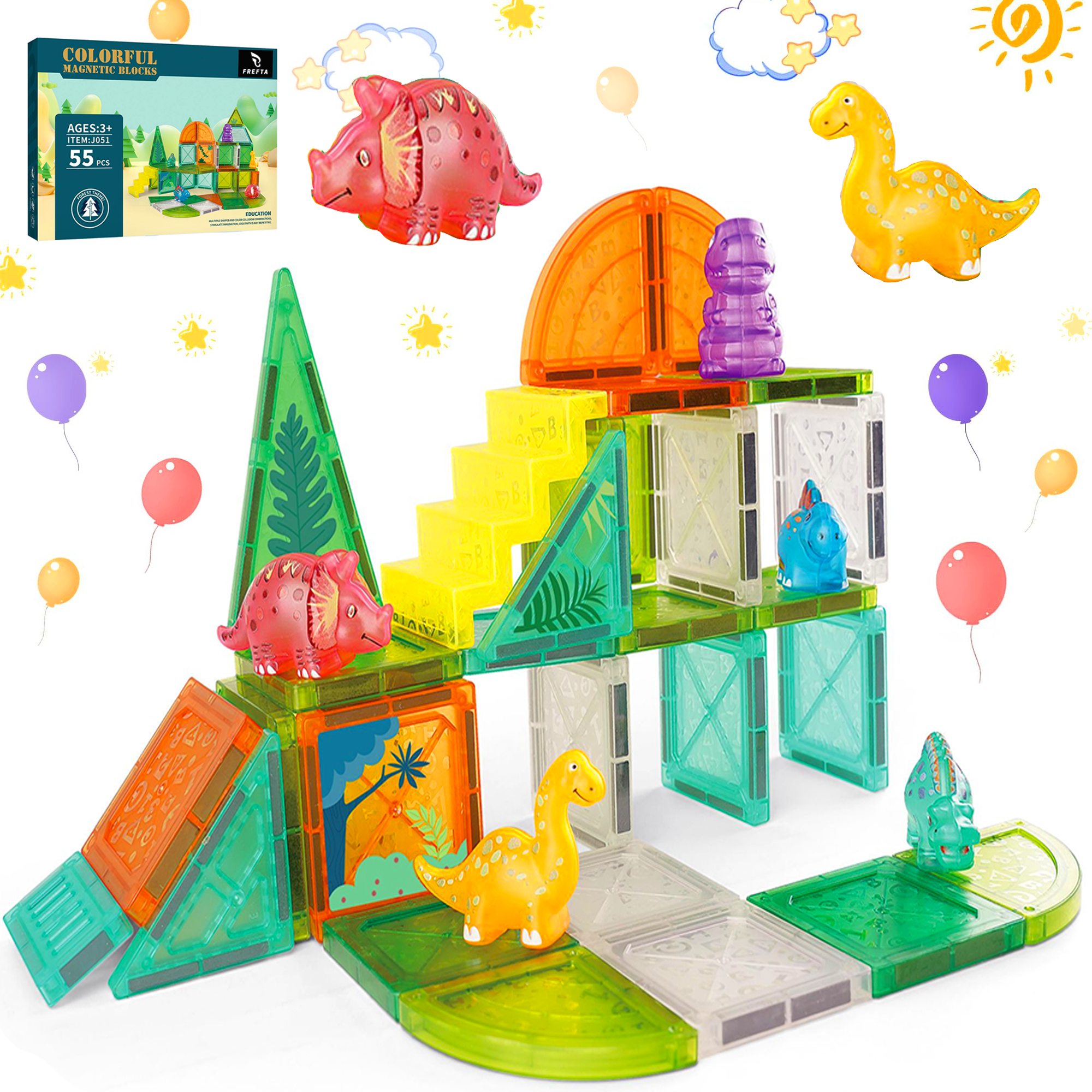 Dinosaur Magnetic Tiles Building Set for Kids – STEM Magnetic Blocks with 3D Movable Dinosaurs & Plants | Educational Mini Magnet Toys for Boys & Girls Ages 3+ | Travel & Learning Toy