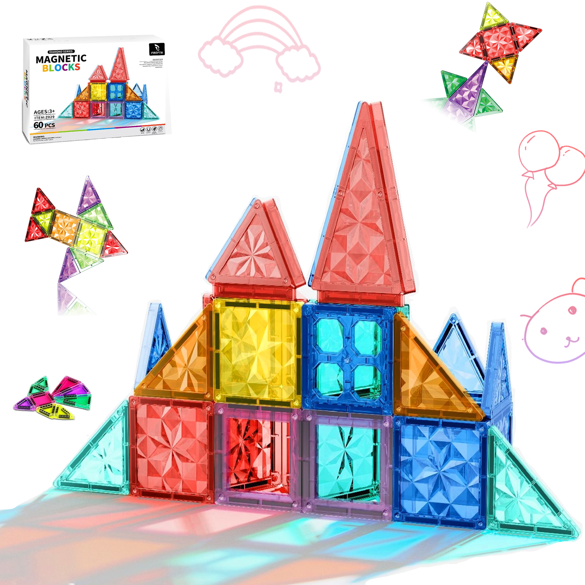 Magnetic Tiles Building Set 60PCS with car base | STEM Montessori Sensory Toy for kids