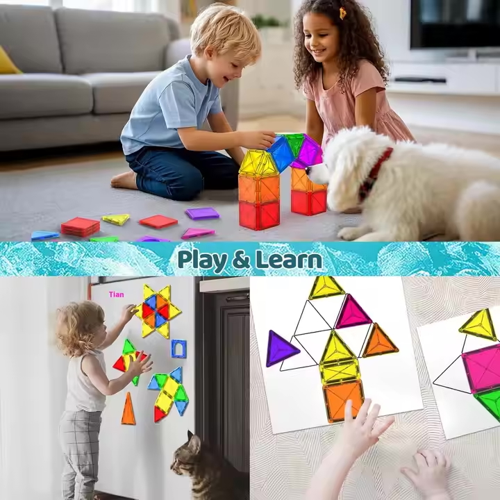 Magnetic Tiles Building Set 60PCS with car base | STEM Montessori Sensory Toy for kids - image 10