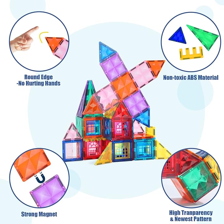 Magnetic Tiles Building Set 60PCS with car base | STEM Montessori Sensory Toy for kids - image 15