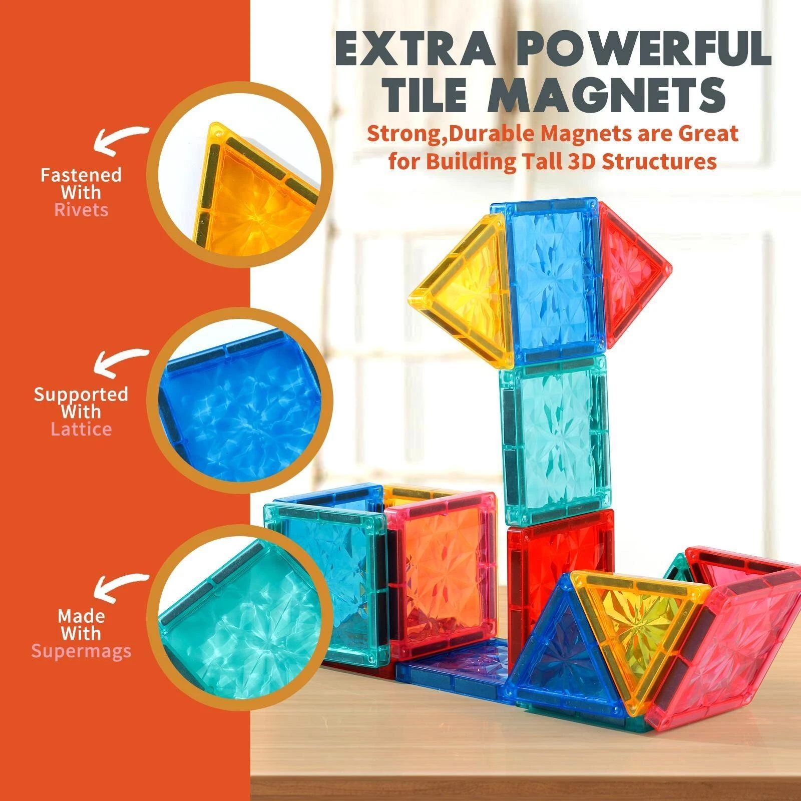 Magnetic Tiles Building Set 60PCS with car base | STEM Montessori Sensory Toy for kids - image 16
